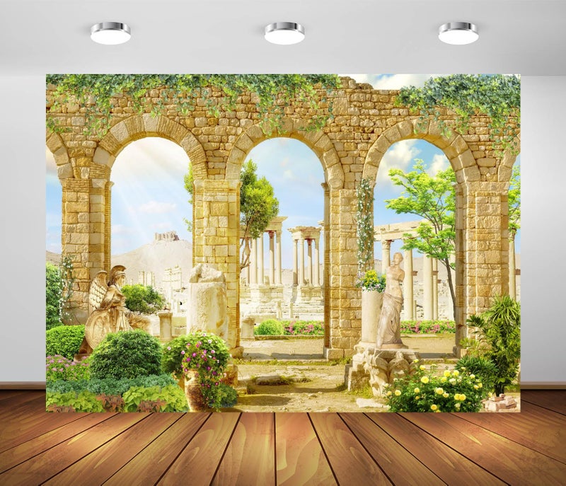 BELECO 7x5ft Fabric Romantic Greece Palace Garden Backdrop for Photography Ancient Stone Arch with Green Leave Vines Statues Ancient Pillar Ruins Background Greece Party Decorations Photo Props - Image 1