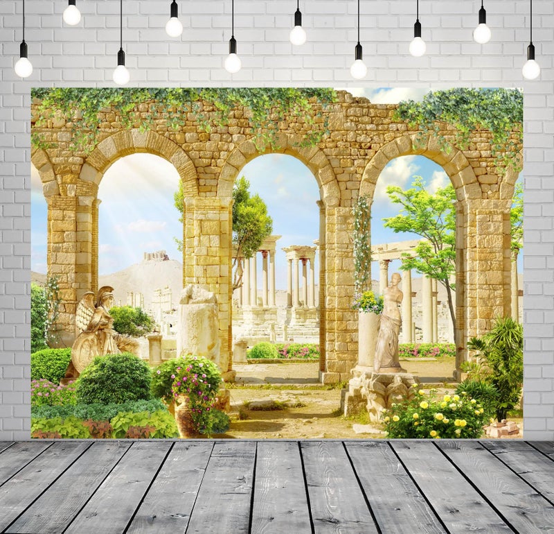 BELECO 7x5ft Fabric Romantic Greece Palace Garden Backdrop for Photography Ancient Stone Arch with Green Leave Vines Statues Ancient Pillar Ruins Background Greece Party Decorations Photo Props - Image 2