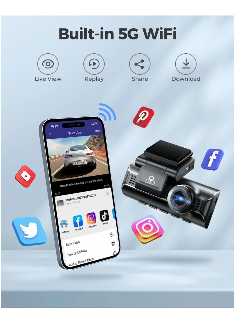 أزدوم - كاميرا 4K Dashcam 3 قنوات أمامية وخلفية ومقصورة السيارة مع تحكم صوتي 5.8 جيجا هرتز WiFi ومراقبة وقوف السيارات للرؤية الليلية - Image 1