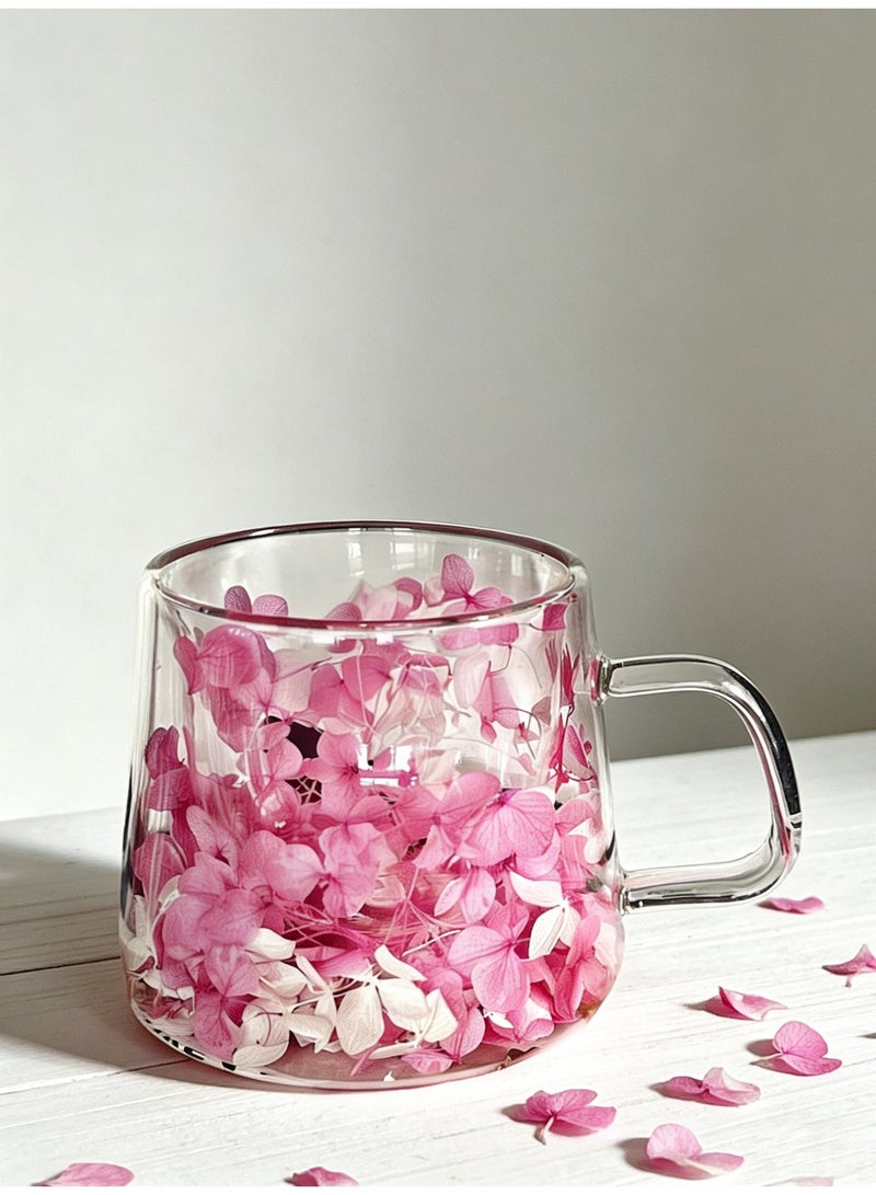 YOLOLAND Double-layer insulated 200ml transparent glass cup pink petals design for tea coffee matcha everyday use gift - Image 1