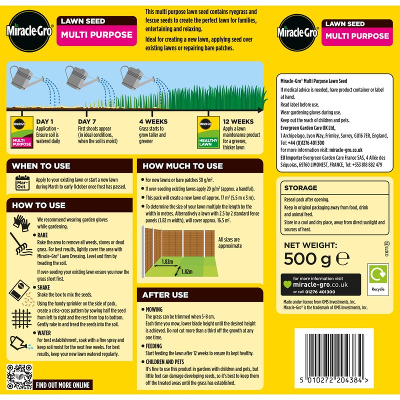 Miracle-Gro Multi Purpose Lawn Seed, Child & Pet Friendly, Coverage 17m2, 500g Box - Image 2