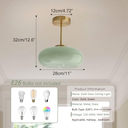 Qufute Milk Ceiling Light mid Century Modern Ceiling Light fixtures with Milk Green Glass Shade Gold Semi Flush Mount Ceiling Light Vintage Glass Ceiling Lamp Hallway Dining Room Kitchen - Image 3