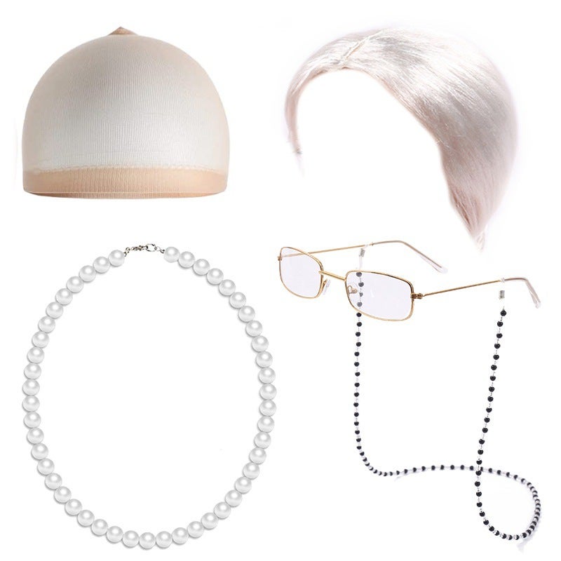 Generic Halloween Granny Wig Cosplay Curly Hair Costume Set White balls five-piece set