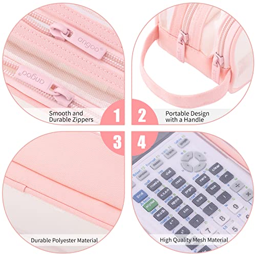 ANGOOBABY Large Grid Mesh Pencil Case 2 Compartment Pen Bag Clear Handheld Multifunction Pencil Pouch Transparent Makeup Bag for Teen Student College Business Travel Office Adult - Pink - Image 4