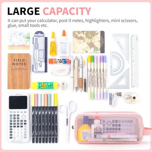 ANGOOBABY Large Grid Mesh Pencil Case 2 Compartment Pen Bag Clear Handheld Multifunction Pencil Pouch Transparent Makeup Bag for Teen Student College Business Travel Office Adult - Pink - Image 2
