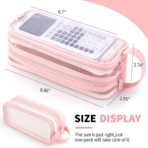 ANGOOBABY Large Grid Mesh Pencil Case 2 Compartment Pen Bag Clear Handheld Multifunction Pencil Pouch Transparent Makeup Bag for Teen Student College Business Travel Office Adult - Pink - Image 3