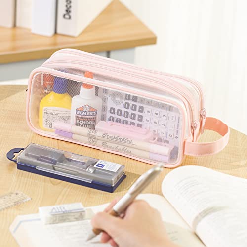 ANGOOBABY Large Grid Mesh Pencil Case 2 Compartment Pen Bag Clear Handheld Multifunction Pencil Pouch Transparent Makeup Bag for Teen Student College Business Travel Office Adult - Pink - Image 5