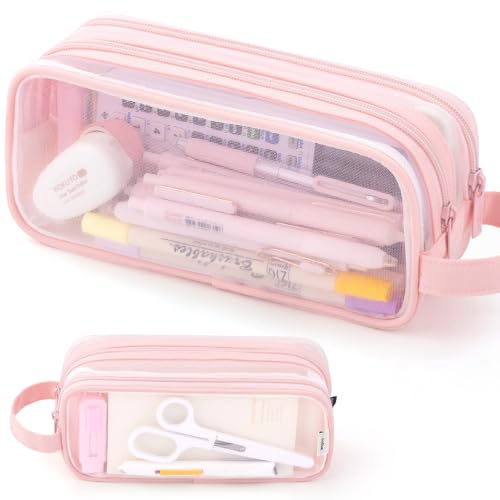 ANGOOBABY Large Grid Mesh Pencil Case 2 Compartment Pen Bag Clear Handheld Multifunction Pencil Pouch Transparent Makeup Bag for Teen Student College Business Travel Office Adult - Pink - Image 1