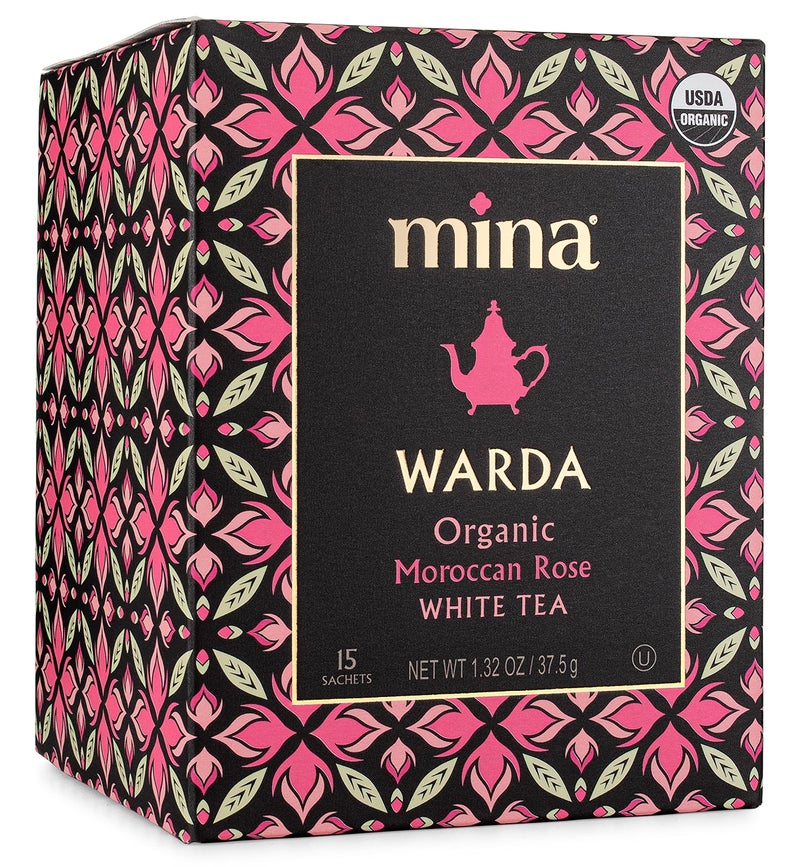 Mina Warda Organic Moroccan Rose White Tea, 15 Biodegradable Sachets - Rose Tea Bags, White Tea with Moroccan Rose Petals, Organic White Tea Bags, Low Caffeine Tea - Image 1