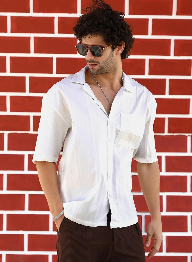 Campus Sutra Men's Chalk White Unbalanced-Ridge Oversized Shirt