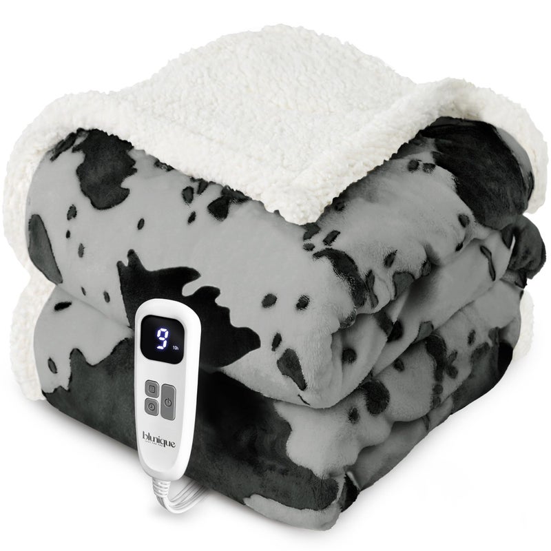 blunique Heated Blanket Throw Blanket - Fast Heating Electric Blanket, Soft Flannel Heated Throw with 4 Time Settings,10 Heating Settings, Warm Gifts for Women & Mom & Grandma(50"x60"Cow Print Grey) - Image 1