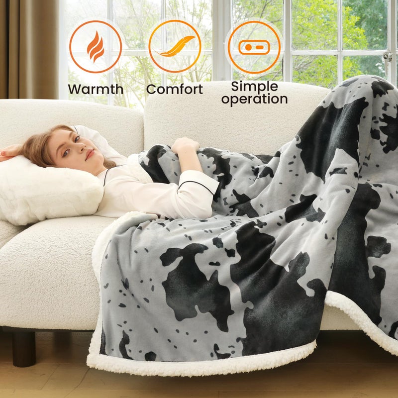blunique Heated Blanket Throw Blanket - Fast Heating Electric Blanket, Soft Flannel Heated Throw with 4 Time Settings,10 Heating Settings, Warm Gifts for Women & Mom & Grandma(50"x60"Cow Print Grey) - Image 3