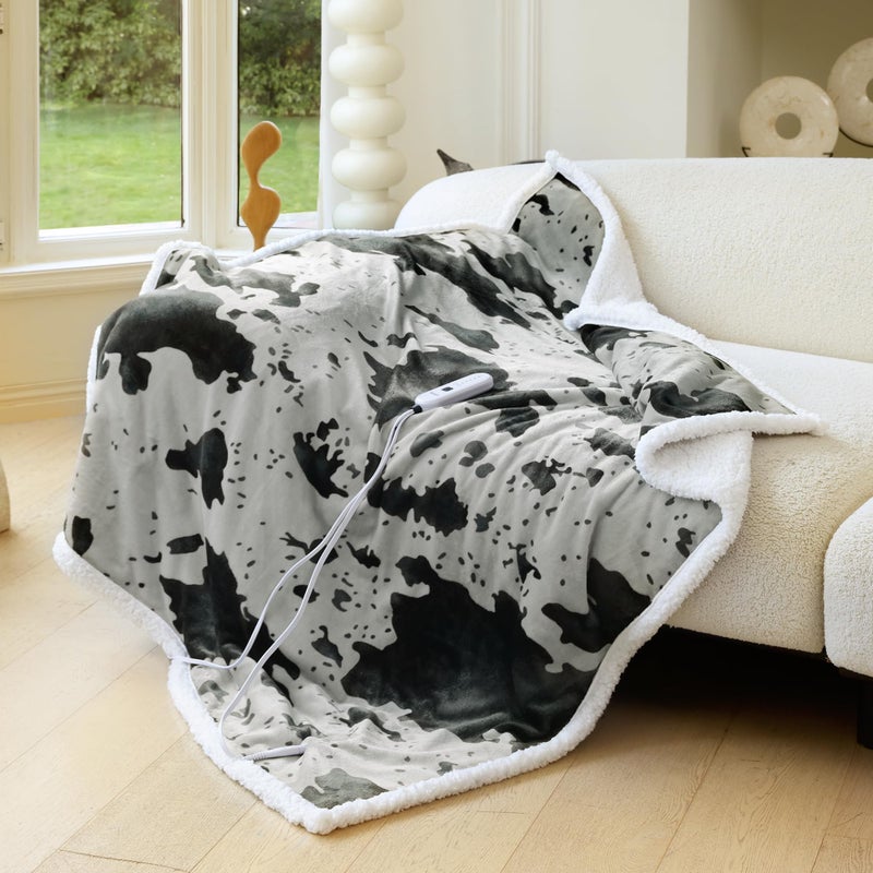 blunique Heated Blanket Throw Blanket - Fast Heating Electric Blanket, Soft Flannel Heated Throw with 4 Time Settings,10 Heating Settings, Warm Gifts for Women & Mom & Grandma(50"x60"Cow Print Grey) - Image 2