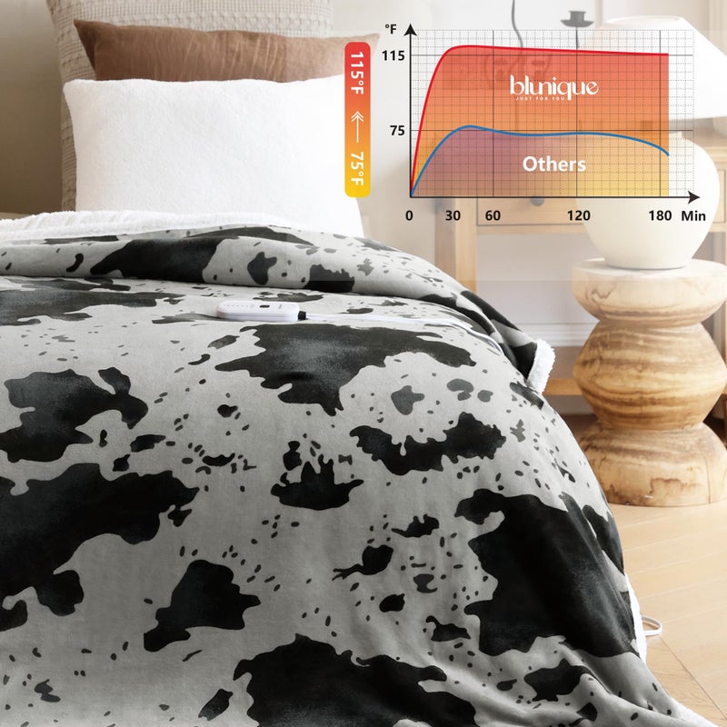 blunique Heated Blanket Throw Blanket - Fast Heating Electric Blanket, Soft Flannel Heated Throw with 4 Time Settings,10 Heating Settings, Warm Gifts for Women & Mom & Grandma(50"x60"Cow Print Grey) - Image 4