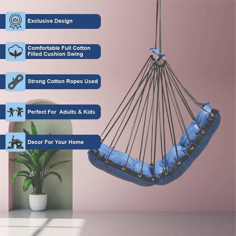 JULJULIA أرجوحة قطنية للشرفة - مميزة للبالغين في المنزل، جولة آمنة للأطفال، كرسي معلق للشرفة الداخلية، تصميم متين ومريح، سهولة التركيب والصيانة - JJ_Low-Blue - Image 3