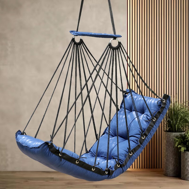JULJULIA أرجوحة قطنية للشرفة - مميزة للبالغين في المنزل، جولة آمنة للأطفال، كرسي معلق للشرفة الداخلية، تصميم متين ومريح، سهولة التركيب والصيانة - JJ_Low-Blue - Image 1