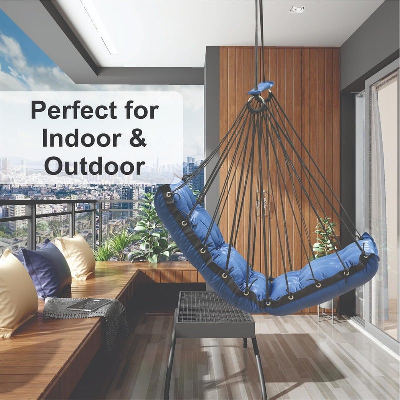 JULJULIA أرجوحة قطنية للشرفة - مميزة للبالغين في المنزل، جولة آمنة للأطفال، كرسي معلق للشرفة الداخلية، تصميم متين ومريح، سهولة التركيب والصيانة - JJ_Low-Blue - Image 4