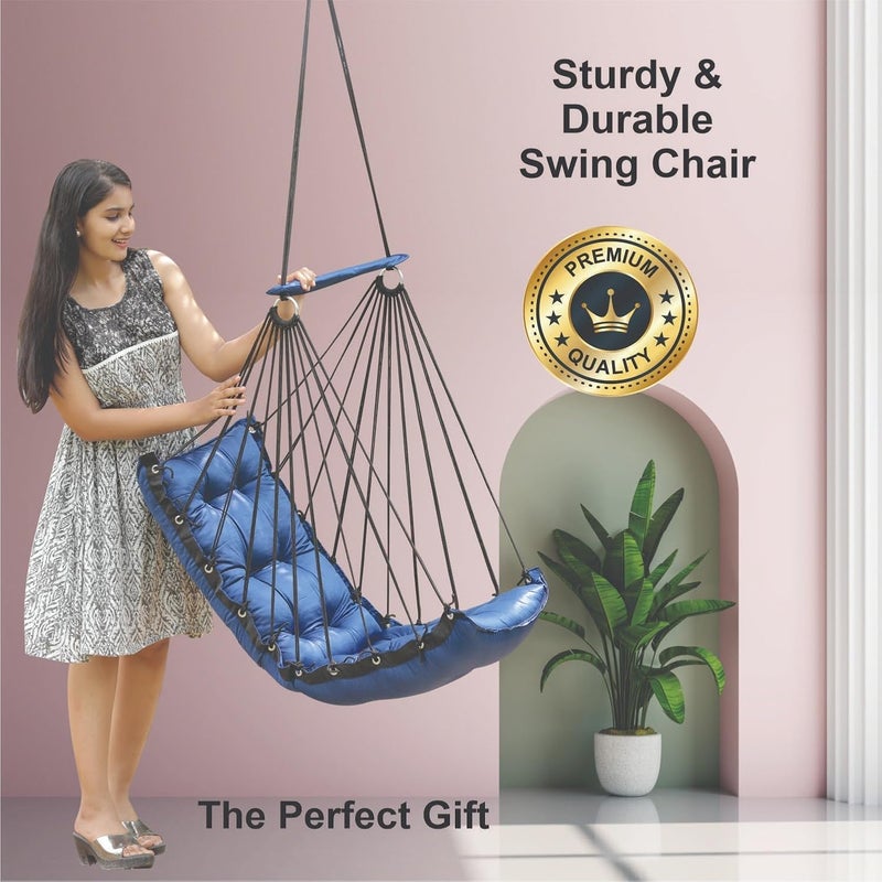 JULJULIA أرجوحة قطنية للشرفة - مميزة للبالغين في المنزل، جولة آمنة للأطفال، كرسي معلق للشرفة الداخلية، تصميم متين ومريح، سهولة التركيب والصيانة - JJ_Low-Blue - Image 2
