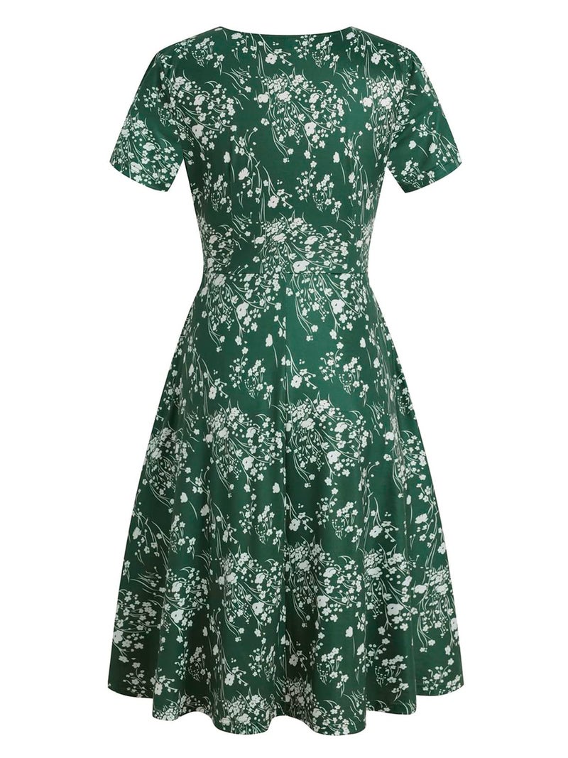 HELYO Women's Elegant Vintage 50s Office Casual Floral Print Work Party A-Line Swing Dress with Pockets 162 (XL, Green Floral) - Image 3