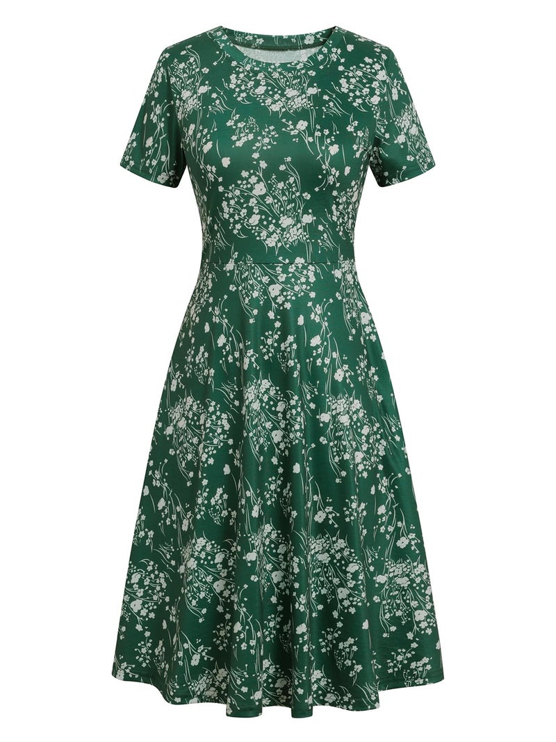 HELYO Women's Elegant Vintage 50s Office Casual Floral Print Work Party A-Line Swing Dress with Pockets 162 (XL, Green Floral) - Image 2