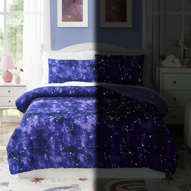 Kaleido Space Twin Kids Comforter Set - 5 Pieces Twin Bedding Sets for Boys Girls Teen, Glow in The Dark Galaxy Bed in A Bag with Sheets - Image 1