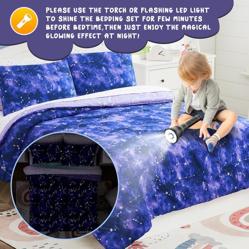 Kaleido Space Twin Kids Comforter Set - 5 Pieces Twin Bedding Sets for Boys Girls Teen, Glow in The Dark Galaxy Bed in A Bag with Sheets - Image 3