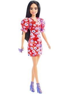 Mattel BARBIE Barbie Fashionistas Doll, with Long Black Hair & Color Block Floral Dress with Puffed Sleeves, Strappy Purple Heels, Butterfly Ring  - Image 1