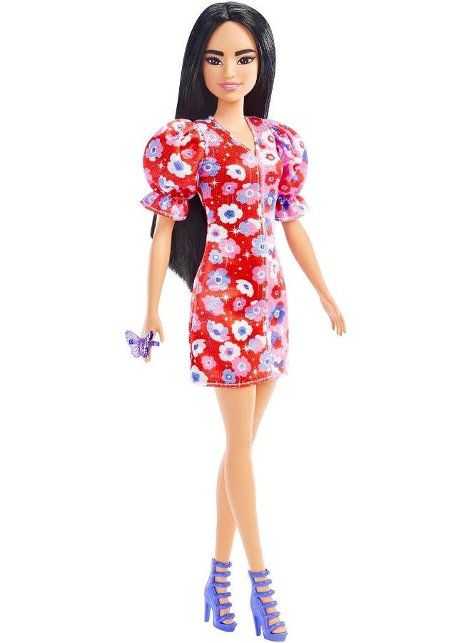 Mattel BARBIE Barbie Fashionistas Doll, with Long Black Hair & Color Block Floral Dress with Puffed Sleeves, Strappy Purple Heels, Butterfly Ring - Image 1
