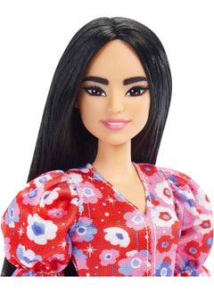 Mattel BARBIE Barbie Fashionistas Doll, with Long Black Hair & Color Block Floral Dress with Puffed Sleeves, Strappy Purple Heels, Butterfly Ring  - Image 3