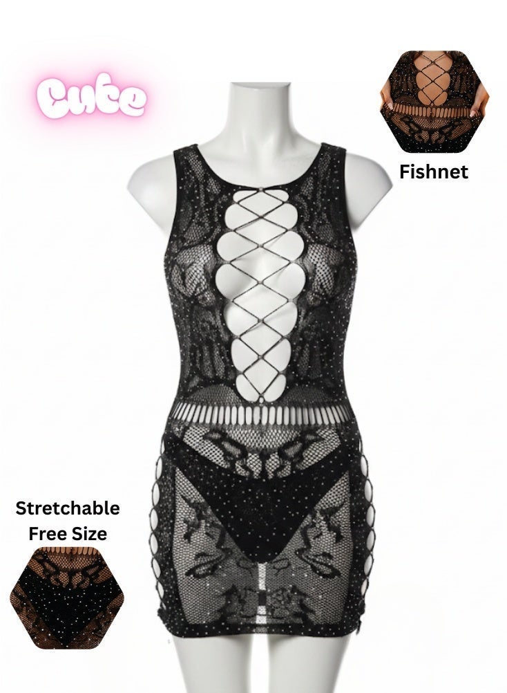 Cute Black Fishnet Bodycon Lingerie Dress – Stretchable Free Size Net Design, Curve-Enhancing Sexy Sleepwear - Image 1