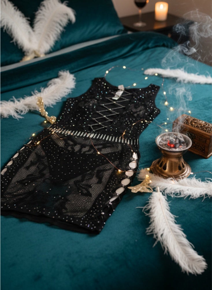 Cute Black Fishnet Bodycon Lingerie Dress – Stretchable Free Size Net Design, Curve-Enhancing Sexy Sleepwear - Image 2