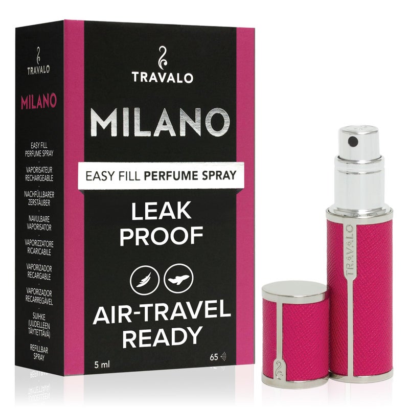 Travalo Milano Perfume Atomizer - Leak-Proof and TSA Approved for Air Travel - Reusable, Airtight, Easy Fill Mini Pump Sprayer - Lightweight Vegan Leather with Polished Metal Outer Shell - Hot Pink - Image 1