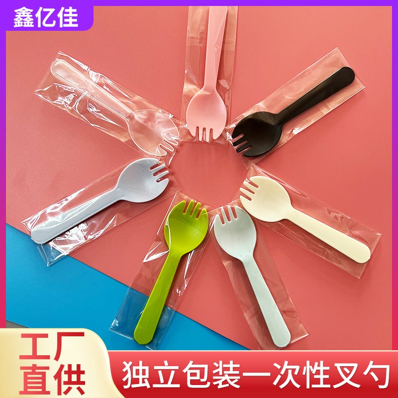 73Hours Baking Tableware Fork Spoon Disposable Wave Fork Birthday Tableware Combination Individually Packaged Plastic Two-In-One Fork Spoon - Image 2