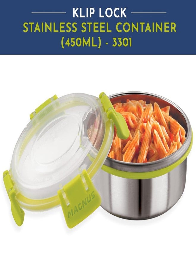 Magnus Clip Lock Airtight Leakproof Stainless Steel Storage Container | Stackable | Modular | 450 ml, Green and Silver - Image 2