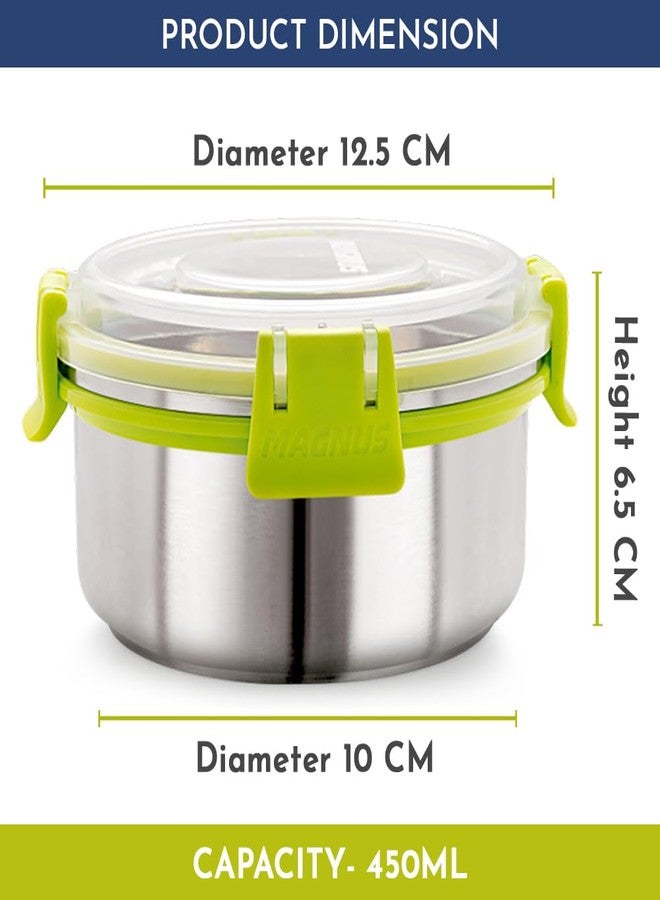 Magnus Clip Lock Airtight Leakproof Stainless Steel Storage Container | Stackable | Modular | 450 ml, Green and Silver - Image 3