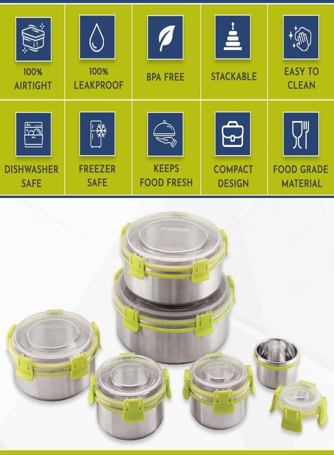 Magnus Clip Lock Airtight Leakproof Stainless Steel Storage Container | Stackable | Modular | 450 ml, Green and Silver - Image 5