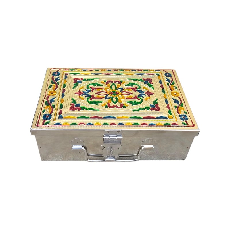 GinoSet ® Stainless Steel Storage Box,Pooja,Vanity,Locker,Cash Box With Handicrafts Digital Meenakari Laser Print Design -9 inch 'W-9", H-2.90", L-6" (Handicrafts Digital Meenakari Laser Print) - Image 2
