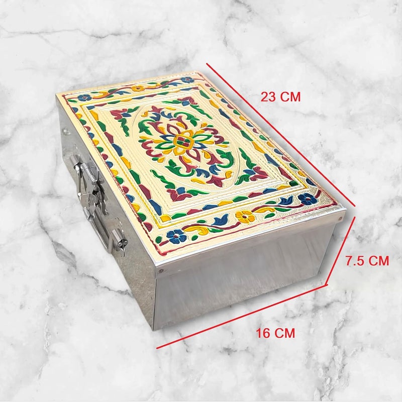GinoSet ® Stainless Steel Storage Box,Pooja,Vanity,Locker,Cash Box With Handicrafts Digital Meenakari Laser Print Design -9 inch 'W-9", H-2.90", L-6" (Handicrafts Digital Meenakari Laser Print) - Image 4