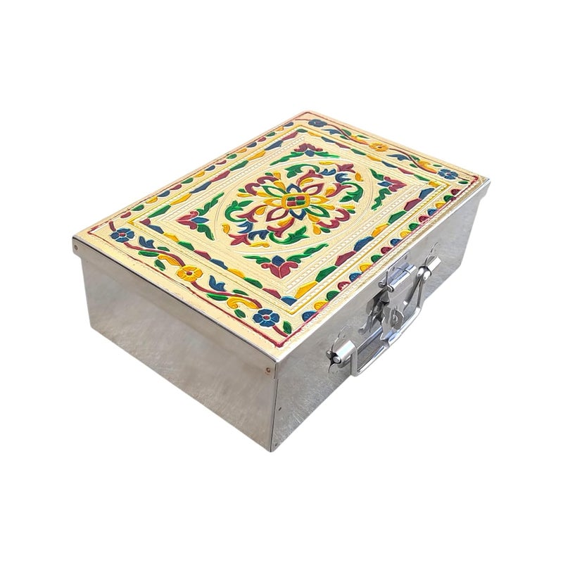 GinoSet ® Stainless Steel Storage Box,Pooja,Vanity,Locker,Cash Box With Handicrafts Digital Meenakari Laser Print Design -9 inch 'W-9", H-2.90", L-6" (Handicrafts Digital Meenakari Laser Print) - Image 5