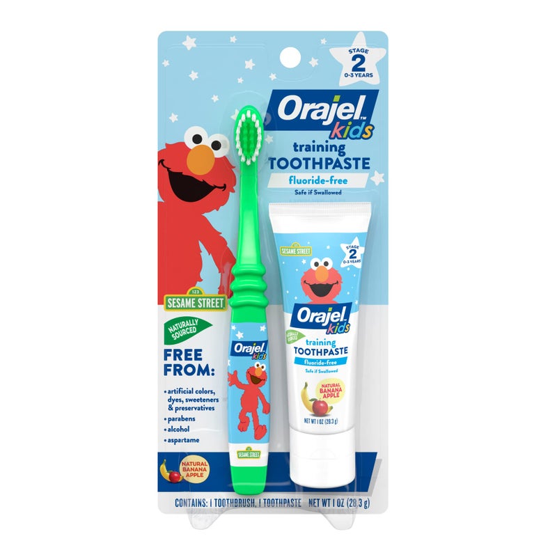 Orajel Elmo Fluoride-Free Tooth & Gum Cleanser with Toothbrush, Combo Pack, Banana Apple Flavored Non-Fluoride, 2 Piece Set - Image 1