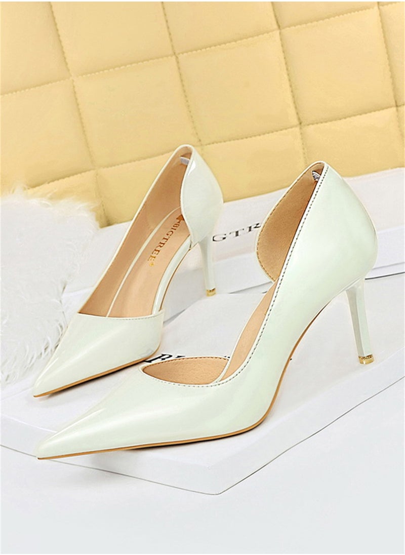 BIGTREE - 7.5cm Korean Version Of Fashion Simple Slim With Bright Surface Patent Leather Shallow Mouth Pointed Side Hollow Heels White - Image 1