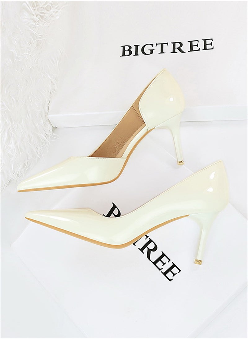 BIGTREE - 7.5cm Korean Version Of Fashion Simple Slim With Bright Surface Patent Leather Shallow Mouth Pointed Side Hollow Heels White - Image 1