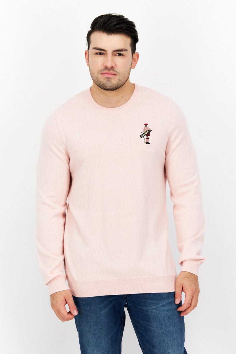 Lyle & Scott Men Crew Neck  Embroidered Sweater, Pink - Image 1