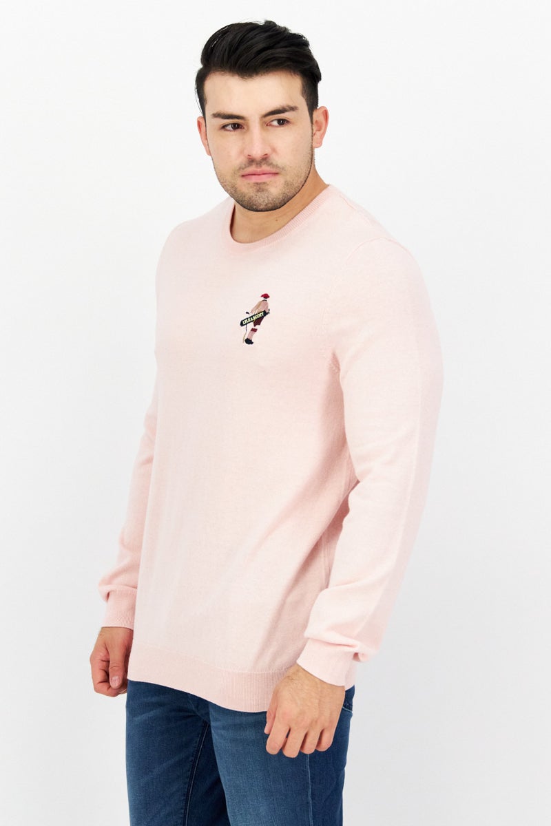 Lyle & Scott Men Crew Neck  Embroidered Sweater, Pink - Image 2