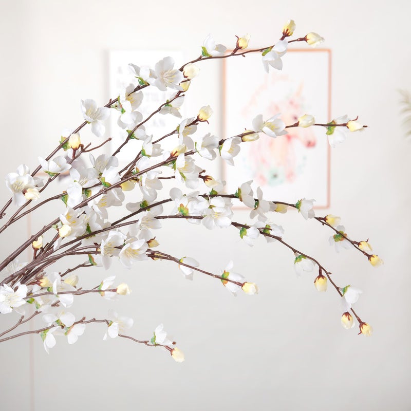 Ammyoo Artificial Faux Plants Flowers Indoor Spring Summer Decor, 4 Bundles Fake Silk Plum Blossom,Faux Silk Cherry Blossom Branches for Wedding Office Party Hotel Home Decor, Vase Not Included(White) - Image 4