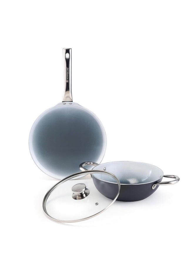 Wonderchef Eco-Glide Ceramic Cookware Set, Kadhai & Glass Lid-24cm, Dosa Tawa-28cm, Non-Toxic, Chemical & PFOA Free, Stainless-Steel Handle, Gas/Induction Compatible, Low Oil Cooking, 2-Year Warranty - Image 1