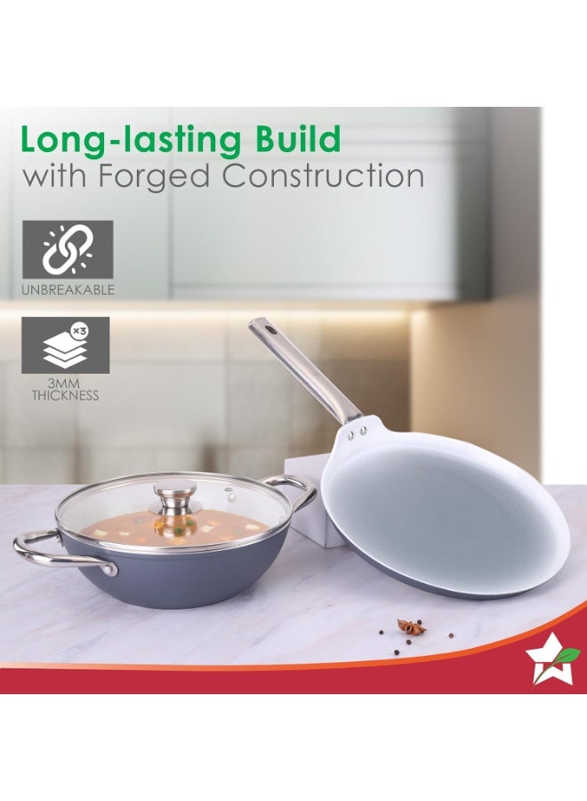 Wonderchef Eco-Glide Ceramic Cookware Set, Kadhai & Glass Lid-24cm, Dosa Tawa-28cm, Non-Toxic, Chemical & PFOA Free, Stainless-Steel Handle, Gas/Induction Compatible, Low Oil Cooking, 2-Year Warranty - Image 2