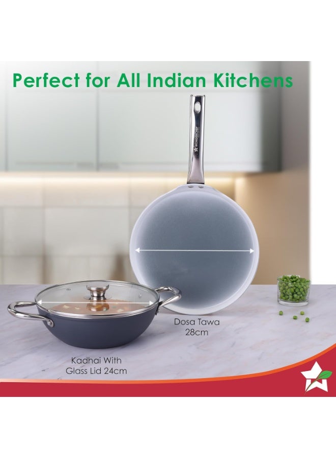 Wonderchef Eco-Glide Ceramic Cookware Set, Kadhai & Glass Lid-24cm, Dosa Tawa-28cm, Non-Toxic, Chemical & PFOA Free, Stainless-Steel Handle, Gas/Induction Compatible, Low Oil Cooking, 2-Year Warranty - Image 3