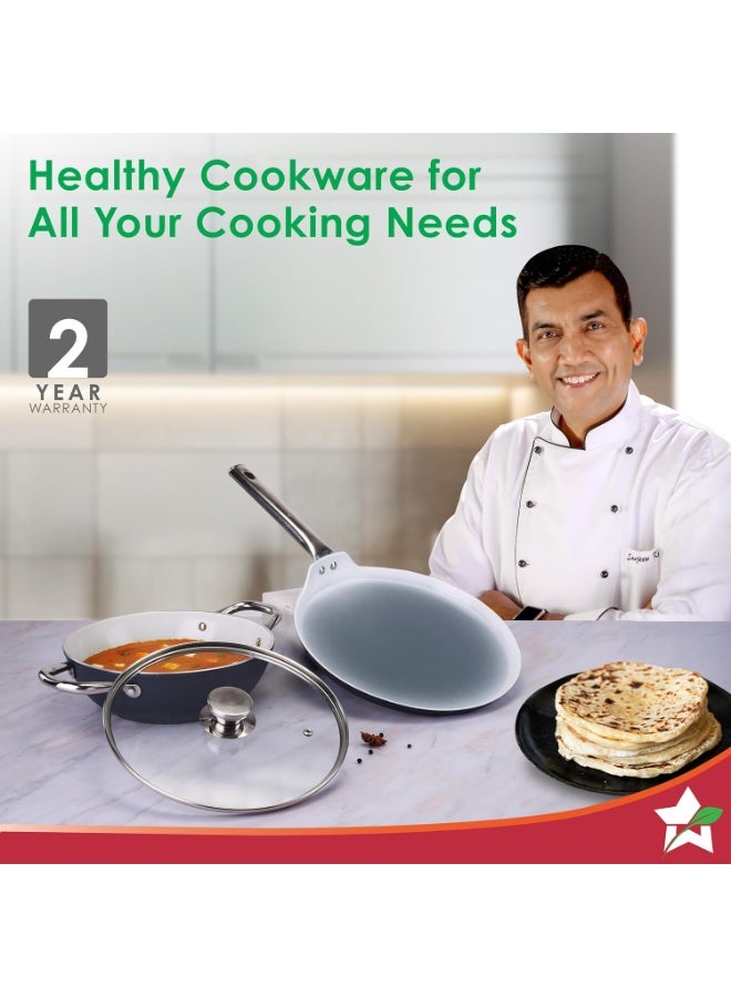 Wonderchef Eco-Glide Ceramic Cookware Set, Kadhai & Glass Lid-24cm, Dosa Tawa-28cm, Non-Toxic, Chemical & PFOA Free, Stainless-Steel Handle, Gas/Induction Compatible, Low Oil Cooking, 2-Year Warranty - Image 4