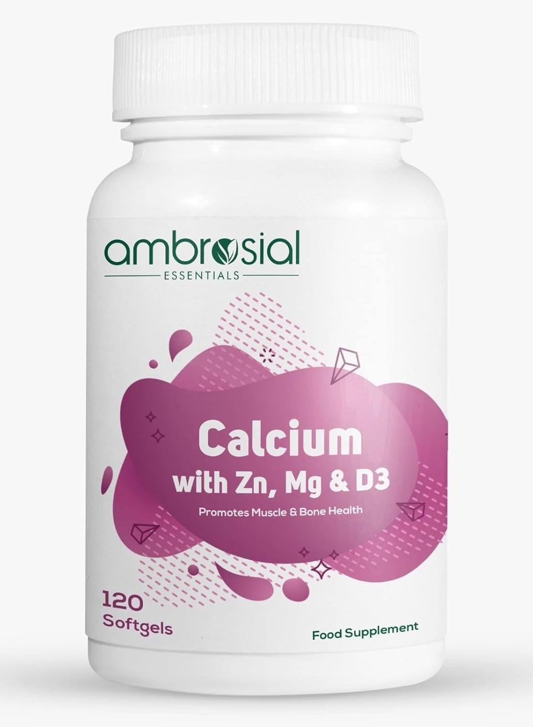 Ambrosial Calcium Magnesium Zinc & Vitamin D3 High Potency Calcium Supplement for Healthy Bones, Muscles & Teeth (Pack of 1-120 Softgels)